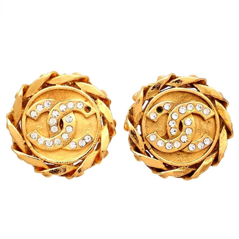 Authentic Vintage Chanel clip on earrings CC logo rhinestone round
