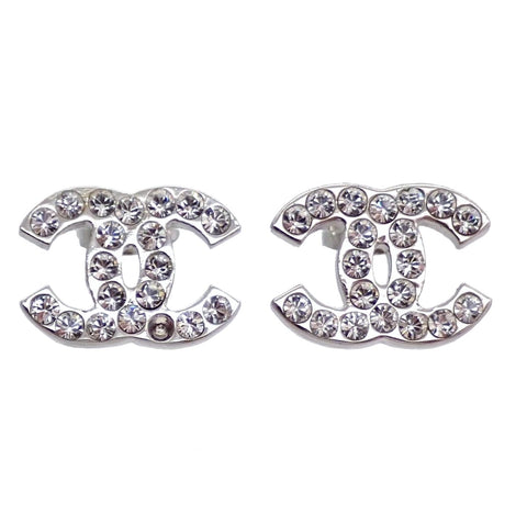 Auth Vintage Chanel stud earrings CC logo double C rhinestone silver