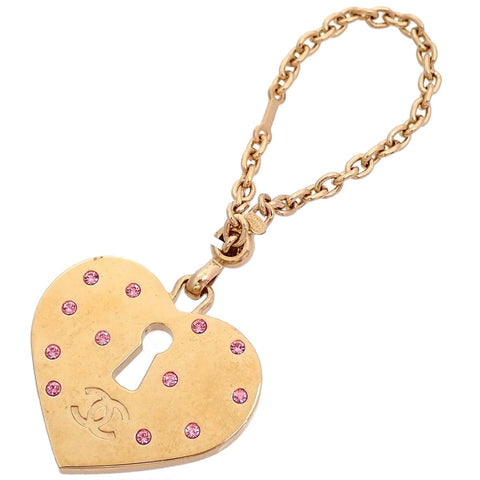 Authentic Vintage Chanel key chain ring padlock rhinestone heart