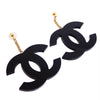 Auth Vintage Chanel stud earrings CC logo chain large black dangle