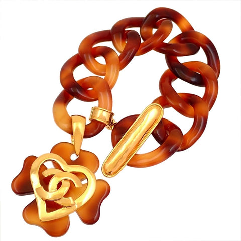 Authentic Vintage Chanel bracelet CC logo heart plastic brown clover