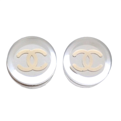 Auth Vintage Chanel stud earrings CC logo white mirror clear round