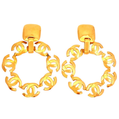 Authentic Vintage Chanel clip on earrings CC logo double C hoop dangle