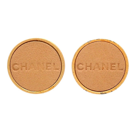Authentic Vintage Chanel clip on earrings leather letter logo beige round