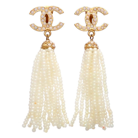 Authentic Vintage Chanel clip on earrings CC fringe tassel beads dangle