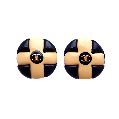 Authentic Vintage Chanel clip on earrings CC logo beige black round