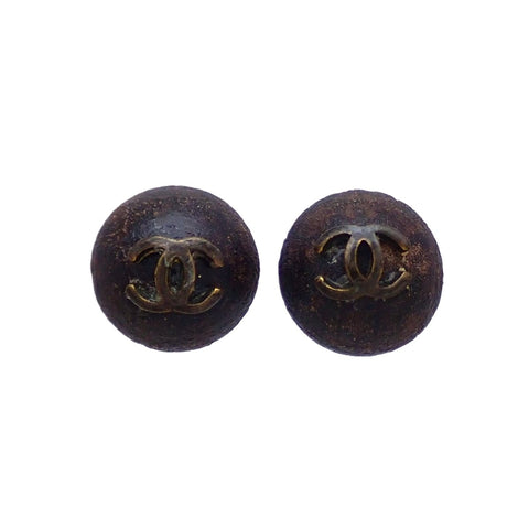 Authentic Vintage Chanel clip on earrings CC logo wooden brown round