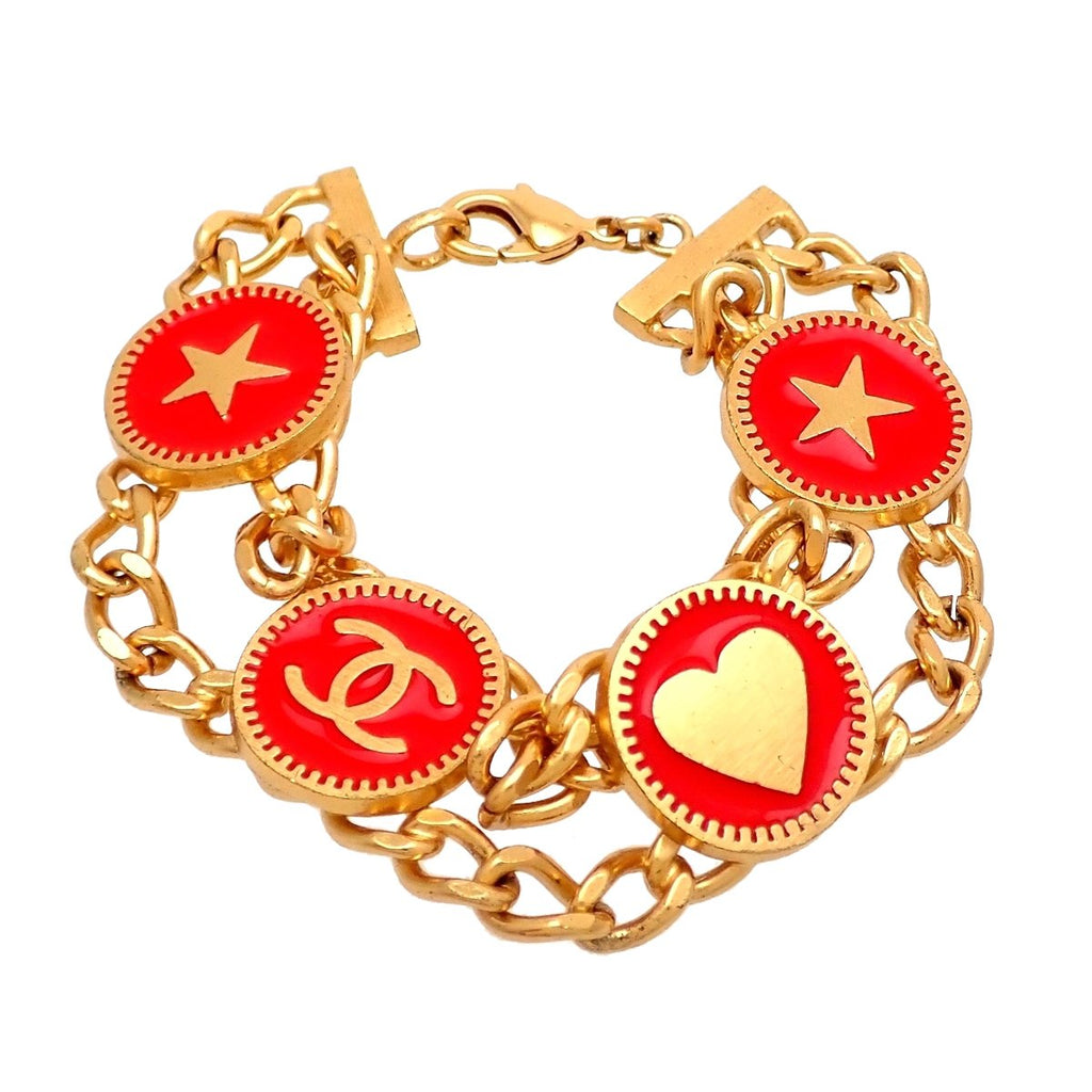 Authentic Vintage Chanel bracelet CC logo heart star medals red chain