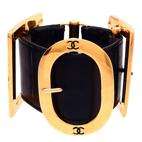 Authentic Vintage Chanel bracelet CC logo buckle leather black unique