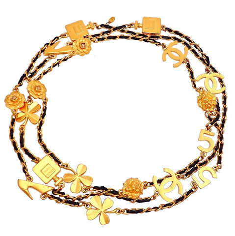 Authentic Vintage Chanel necklace CC logo No.5 camellia lether chain