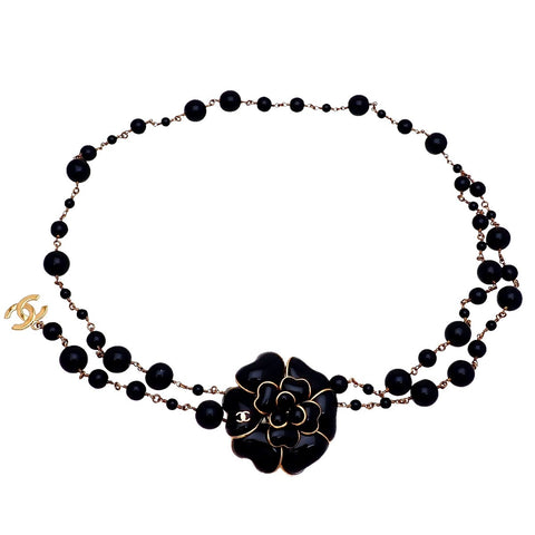 Authentic Vintage Chanel belt necklace Gripoix glass camellia black