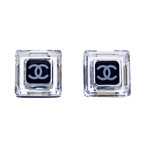 Auth Vintage Chanel stud earrings CC logo clear black square