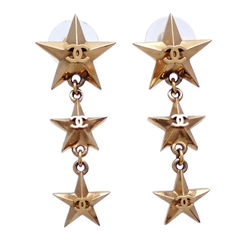 Auth Vintage Chanel stud earrings CC logo triple stars dangle