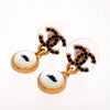 Auth Vintage Chanel stud earrings CC logo button rhinestone black dangle