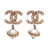 Auth Vintage Chanel stud earrings CC logo faux pearl silver dangle