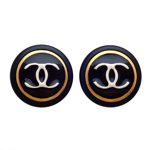 Authentic Vintage Chanel clip on earrings CC logo black round