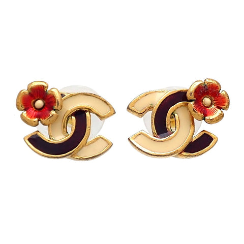 Auth Vintage Chanel stud earrings CC logo double C red flower white