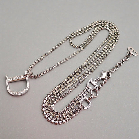 Authentic Vintage Christian Dior necklace chain D logo rhinestone silver