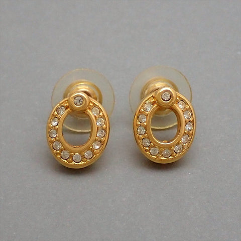 Auth Vintage Christian Dior stud earrings letter O hoop rhinestone