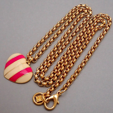 Authentic Vintage Givenchy necklace chain heart pink white stripe