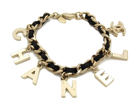 Authentic Vintage Chanel cuff bracelet bangle CC black leather chain