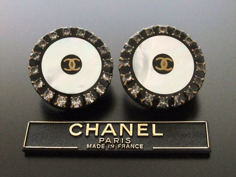 Authentic vintage Chanel earrings CC rhinestone white black