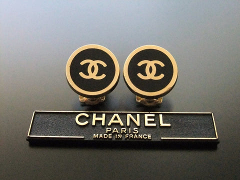 Authentic vintage Chanel earrings gold CC black round small