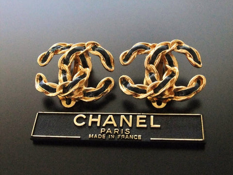 Authentic vintage Chanel earrings gold CC black paint