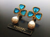 Authentic vintage Chanel earrings light blue stone clover pearl drop