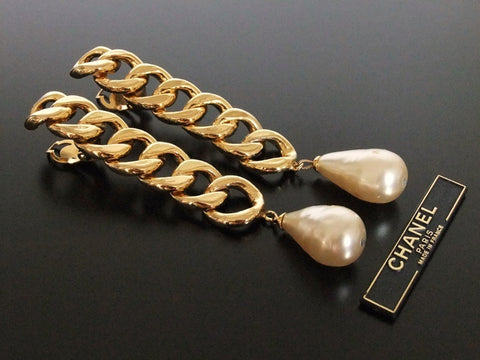 Authentic vintage Chanel earrings swing pearl huge
