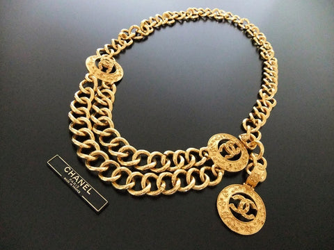 Authentic Vintage Chanel belt necklace gold CC pendant large