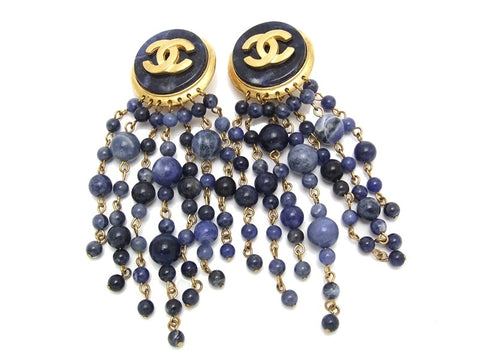 Authentic vintage Chanel earrings CC navy blue beads fringe dangle