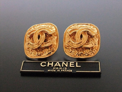 Authentic vintage Chanel earrings gold CC logo rectangle