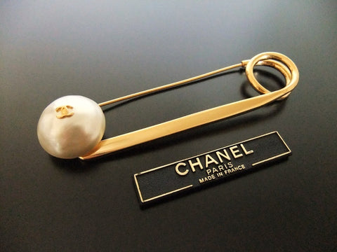 Authentic vintage Chanel pin brooch gold CC pearl safety pin