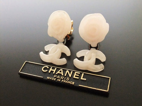 Authentic vintage Chanel earrings white pink camellia swing CC dangle