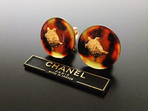 Authentic vintage Chanel earrings gold turtle brown plastic round