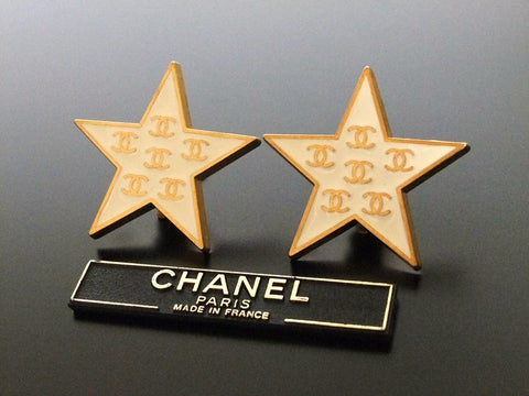 Authentic vintage Chanel earrings gold CC white star large
