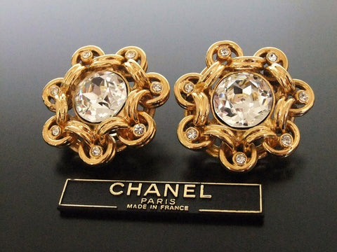 Authentic vintage Chanel earrings gold large rhinestone