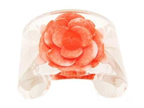 Authentic Vintage Chanel cuff bracelet bangle red flower white clear