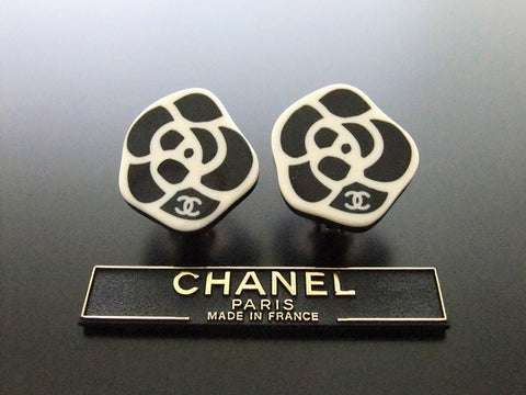 Authentic vintage Chanel earrings CC black white camellia