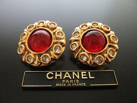 Authentic vintage Chanel earrings red glass stone rhinestone
