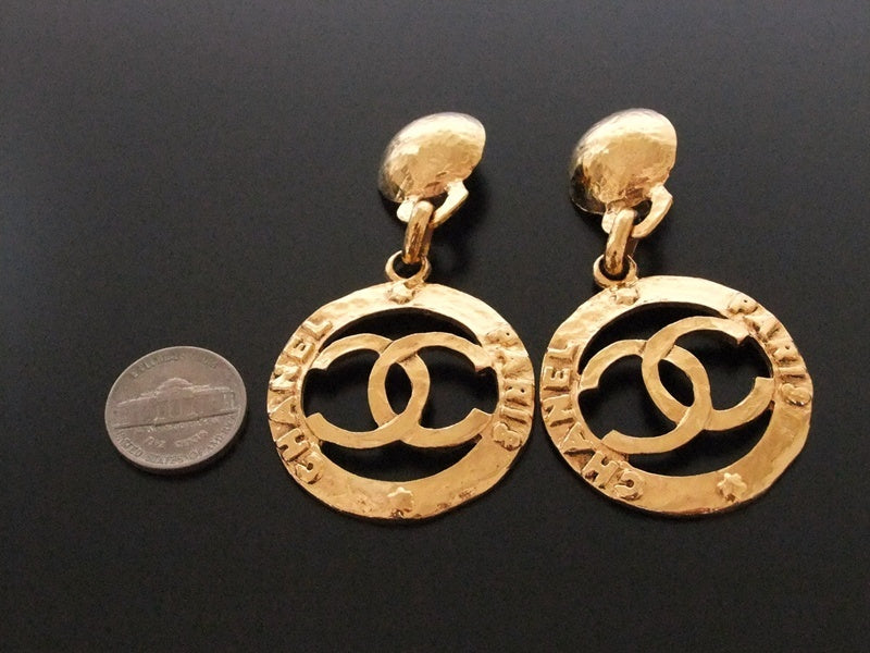Authentic vintage Chanel earrings gold swing CC hoop dangle huge