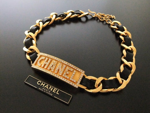 Authentic vintage Chanel necklace chain choker rhinestone logo leather