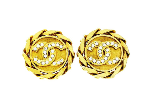 Vintage Chanel logo earring CC rhinestone round jewelry Authentic