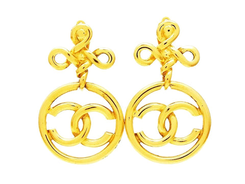 Vintage Chanel dangling earrings gold CC logo hoop jewelry Authentic