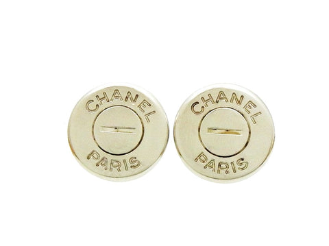 Vintage Chanel earrings CC logo button round silver color Authentic