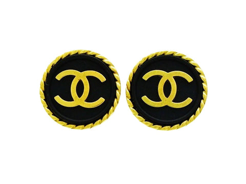Vintage Chanel button earrings CC logo black round Authentic