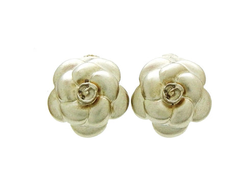 Vintage Chanel camellia earrings silver flower Authentic