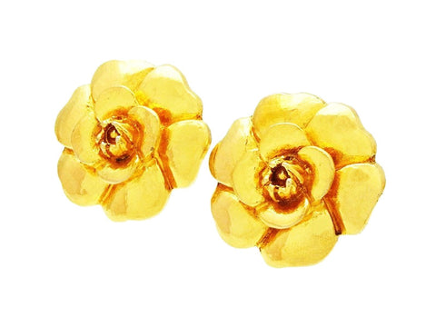 Authentic vintage Chanel earrings gold large camellia flower clip