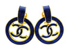 Vintage Chanel dangling earrings CC logo hoop navy blue